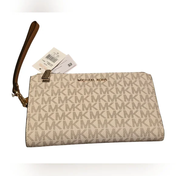 Michael Kors Jet Set Travel Large Double Zip Wristlet NWT Cream & Tan - Picture 2 of 9